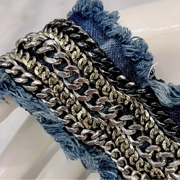 Multi Link Multi Finish Frayed Denim Bracelet - Picture 3 of 10